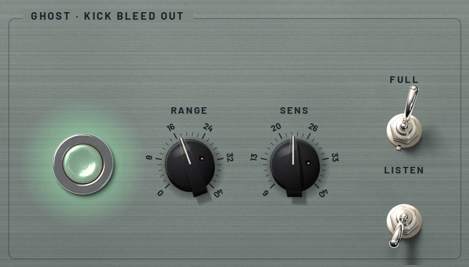 The Ghost section: a glowing green push button, Range and Sens knobs, and Full and Listen toggle switches.