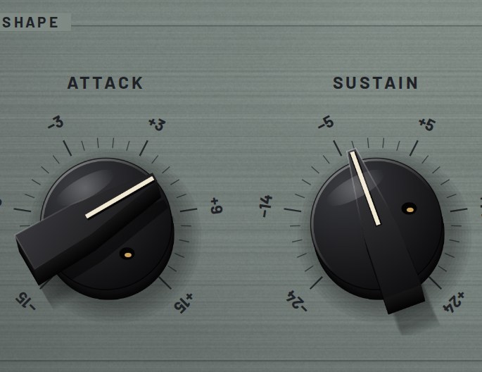 Attack and Sustain bakelite knobs with dB scales, inside a panel section marked Shape.