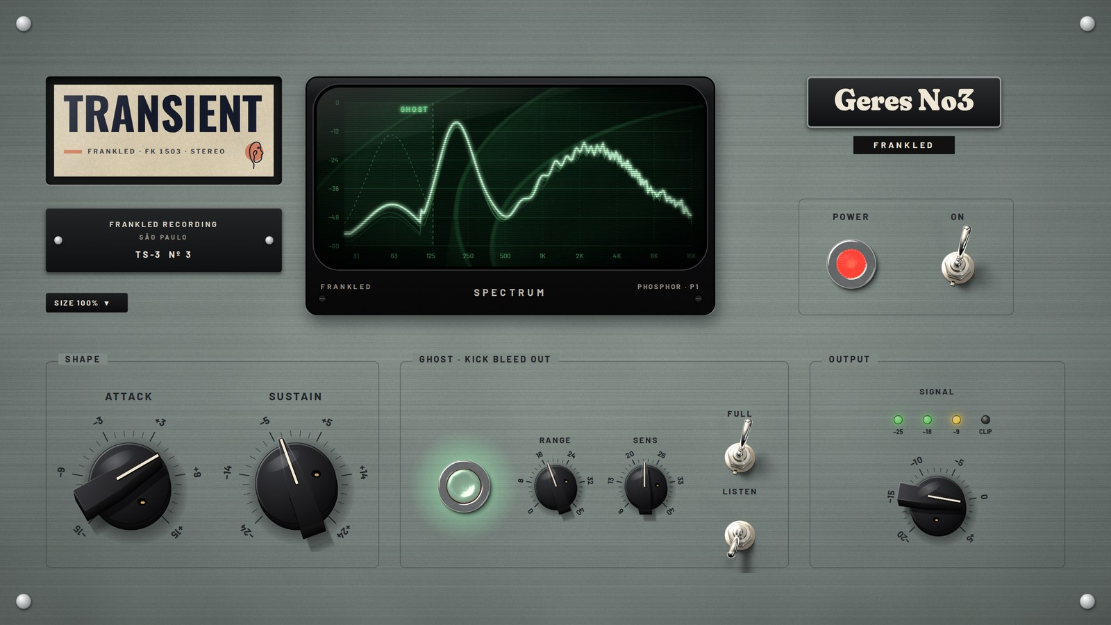 TS-3 Geres Transient: grey-green panel with a green phosphor spectrum screen, Attack and Sustain knobs and the Ghost section.