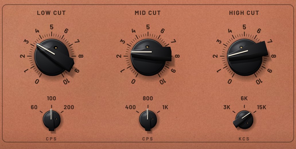 Low, Mid and High Cut knobs with 0 to 10 scales and small frequency selectors below each.
