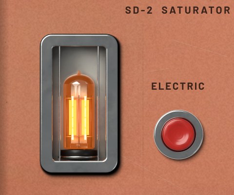 A vacuum tube behind a chrome guard, glowing bright orange, next to the red Electric push button.