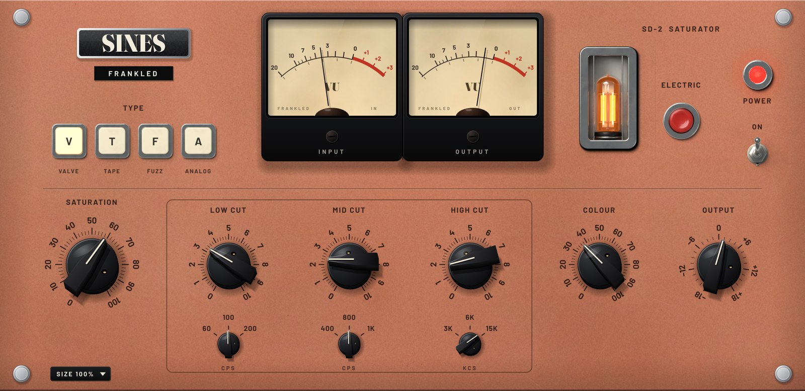 SD-2 Saturator: terracotta panel with twin VU meters, a glowing vacuum tube and six bakelite knobs.